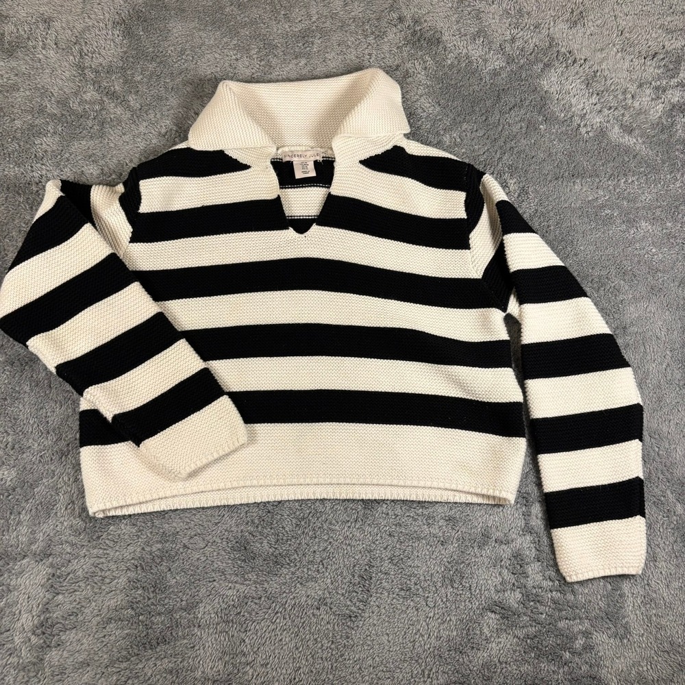 Sincerely Jules Striped Knit Polo Sweater Black White V-Neck SCA249 Medium